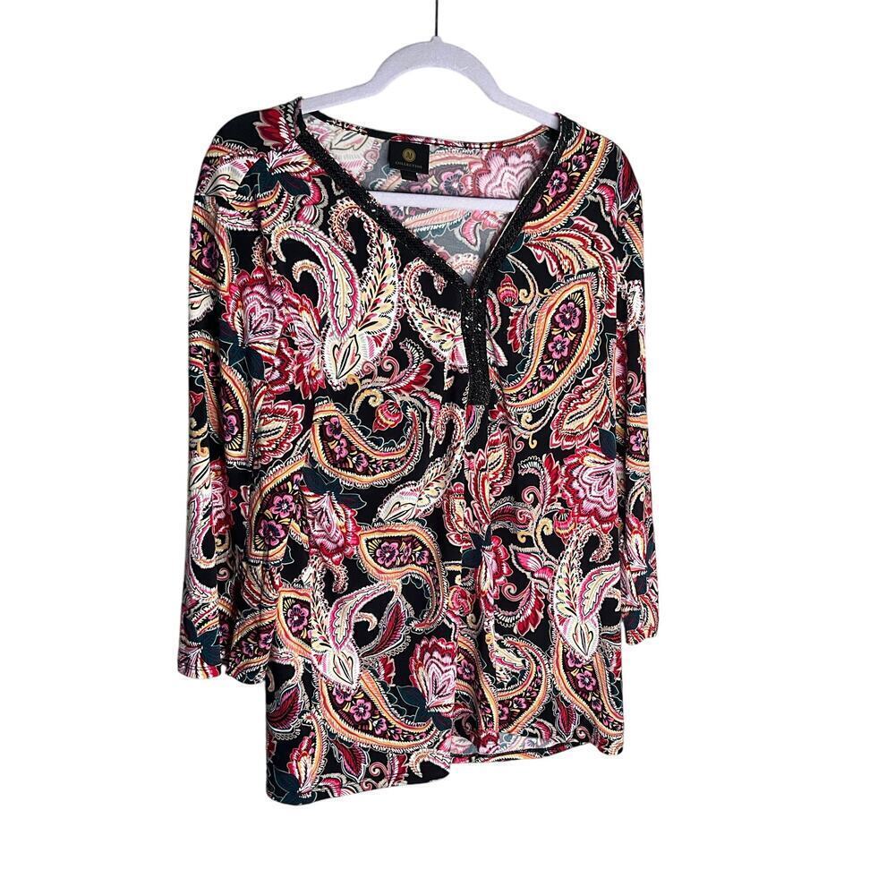 JM Collection Tunic Blouse Paisley Beaded 3/4 Sleeves Multicolor Womens Large